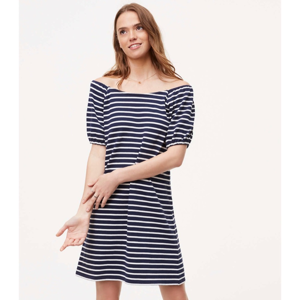 Loft Off The Shoulder Puff Sleeve Striped Dress